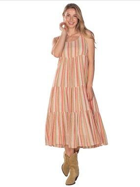 Linda Anderson Striped Metallic Knit Tiered Maxi Dress Size L